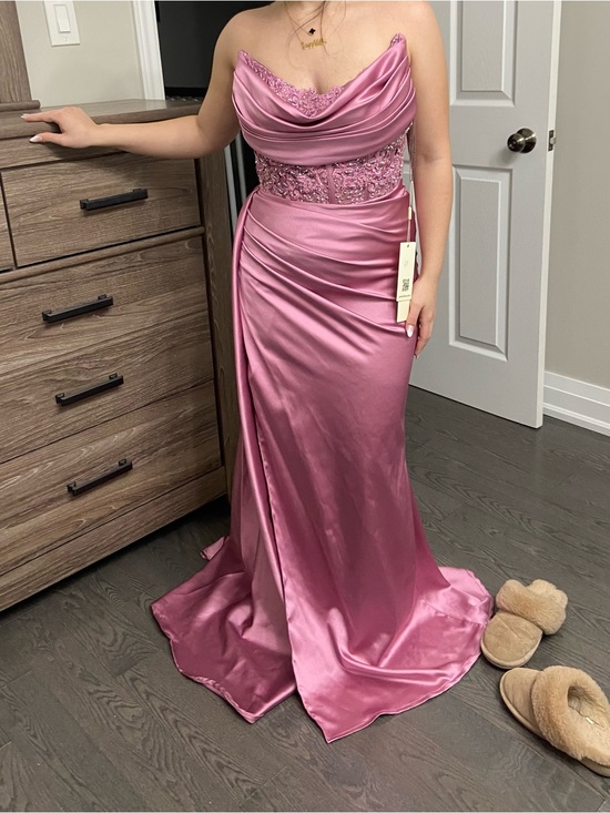Dresses & Skirts - Strapless Pink Satin Evening Gown with Lace Bodice